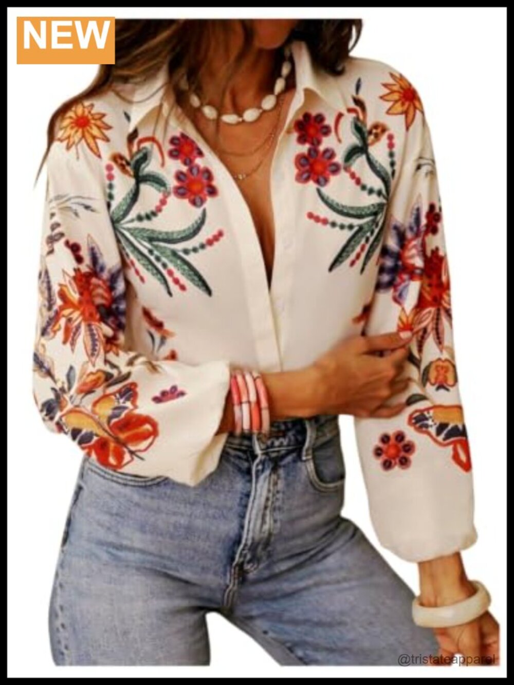Women's Boho Floral Button Down Lantern Sleeve Blouse